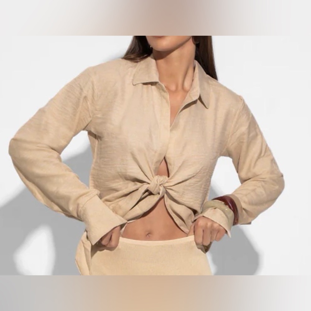 Murci Asos Women's Sexy Linen Wrap Crop Top‎ Long Sleeve Beige Large Resortwear